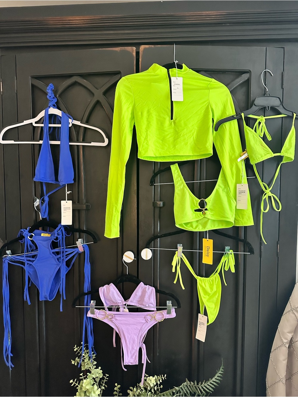 Daisy Lime Green lavender and Blue Women’s Swim Bikini Sets plus coverup.
